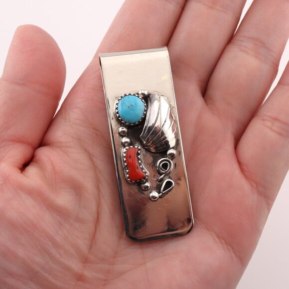 Navajo Sterling Silver Turquoise and Coral Stones Money Clip Handmade Accessory* - Picture 1 of 7